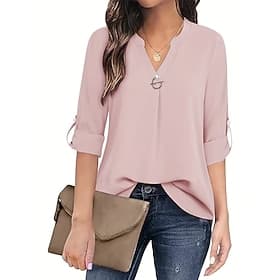 Women's Blouse Dressy Tops Elegant Solid Color Beaded Short Sleeve Notched Neck Work Black White Pink Blue Summer Spring Fall