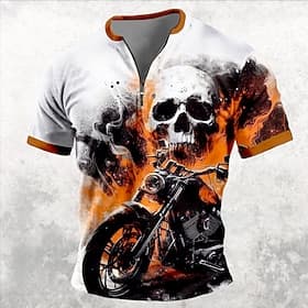 Herren Schädel Flamme Motorrad T Shirt Kurzarm T-Shirt 3D-Druck Halber Reißverschluss Hemd Retro Vintage Straße Lässig Täglich Schwarz Orange Sommer Frühling B