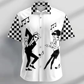 Men's Boardmasters Plaid Musical Notes Shirt Button Up Shirt Short Sleeve Casual Vacation Daily Summer Turndown Button Up 3D Print Black