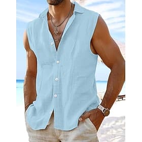 Herren Hemd leinenhemd Sommerhemd Strandbekleidung Knopfhemd Glatt Urlaub Curise Weiß Rosa Leicht Blau Ärmellos Kragen Sommer Frühling Bekleidung