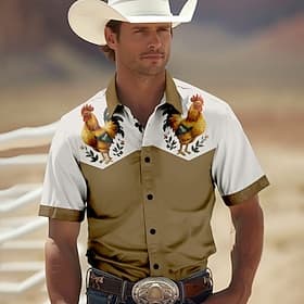 Men's Rooster Shirt Western Shirt Cowboy Shirt Short Sleeve Western Style Outdoor Summer Spring Shirt Collar Black Khaki