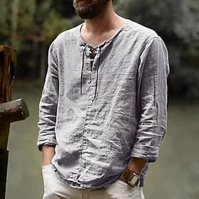 Men's Linen Shirt Renaissance Festival Viking Style Summer Shirt Beach Wear Maroon Black White Pink Long Sleeve Solid Color Collarless Outdoor Street Clothing