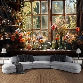 Flowers on Window Wall Hanging Tapestry Wall Art Large Tapestry Mural Decor Photograph Backdrop Blanket Curtain Home Bedroom Living Room Decoration