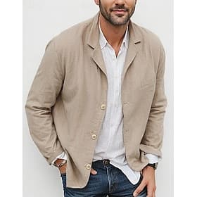Men's Lightweight Jacket Blazer Jacket Linen Blazer Formal Office Autumn / Fall Cotton And Linen Solid Color Comfy Single Breasted Blazer Light Green Navy Blue