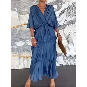 Women's Maxi Dress Cocktail Dress Wedding Guest Dress Chiffon Dress Plain Dress Elegant Formal Party Wedding Guest Regular Fit Half Sleeve V Neck Blue Pink Nav
