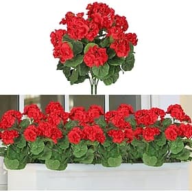 künstliche rote Geranien-Seidenblumen, Pflanzenbusch für draußen, 2 Bündel, Kunstblumen, Geranien für draußen, florale Heimdekoration, Innengarten, Terrassenva