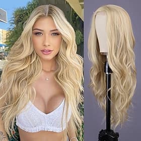 Gemischte blonde lange Wellenperücke für Frauen - 26 Zoll Mittelteil lange lockige Perücke hitzebeständiges synthetisches Haar sieht natürlich aus Faserperücke