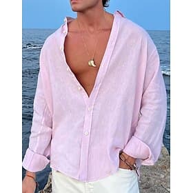 Men's Shirt Linen Shirt Summer Shirt Beach Wear Button Up Shirt Plain Vacation Casual Black White Pink Blue Long Sleeve Lapel Spring Summer Clothing Apparel