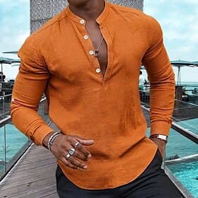 Voor heren Overhemd Linnen overhemd Popover-shirt Zomer overhemd Strand Kleding Normaal shirt Effen Casual Dagelijks blauw Zwart Wit Blozend Roze Lange mouw He