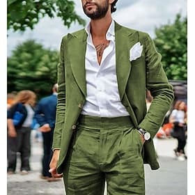 De los hombres Smoking Trajes de Lino boda en la playa Playa Negro Azul cielo Primavera, Otoño, Invierno, Verano Traje Pico Color sólido A Medida Juego de 2 pi