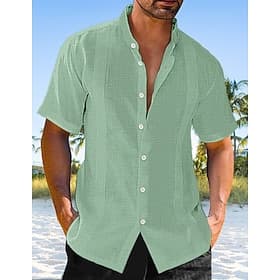 Herren leinenhemd Guayabera Hemd Hemd mit Stehkragen Sommerhemd Strandbekleidung Lässiges Hemd Glatt Urlaub Curise Schwarz Weiß Blau Grün Kurzarm Ständer Somme