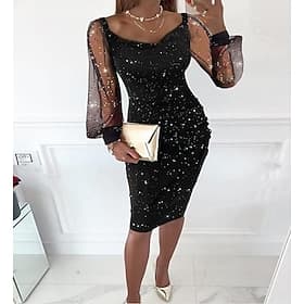 Femmes Robe Midi Robe noire Robes à paillettes Robe de Cocktail Robe de Cérémonie Occasionnel Rue Date Coupe régulière Uni manche longue Col en U Noir Printemp