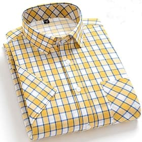 Men's Dress Shirt Stripes and Plaid Office Career Office Party Light Blue Black Dark Red Yellow Short Sleeve Turndown Spring Summer Clothing Apparel