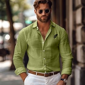 Men's Linen Shirt Leaf Outdoor Vacation White Pink Green Gray Long Sleeve Collar Spring Fall Clothing Apparel Button Up