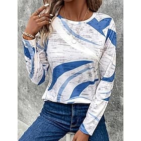 Damen T-Shirt Langarm Rundhals Langarm Tunika Lässig Druck Reguläre Oberteile Alltag Blau Lila Khaki Frühling Herbst Vorherherbst