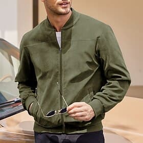 Men's Bomber Jacket Transition Jacket Going out Pocket All Seasons Plain Casual Stand Collar Regular Black Brown Army Green Dark Blue Light Blue Jacket