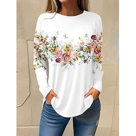 Women's T shirt Long Sleeve Basic Floral Print Long Sleeve Regular Tops Round Neck Holiday Weekend White Pink Red Navy Blue Blue Fall Winter Prefall