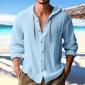 Men's Shirt Linen Shirt Calico Shirt Beach Wear Button Up Shirt Hooded Shirt Plain Vacation Casual Black White Blue Green Long Sleeve Hooded Spring Summer Clo