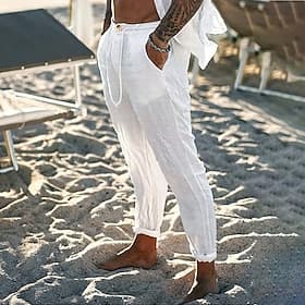 Herren Leinenhosen Hose Sommerhose Strandhose Kordelzug Fronttasche Einfach Komfort Atmungsaktiv Lässig Täglich Ferien Mode Basic Schwarz Weiß