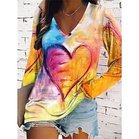 T-shirt Femme Manches Longues Col V Manches Longues Tunique Décontracté Imprimé Hauts Normaux Quotidien Jaune Rose Bleu Printemps Automne Avant-printemps