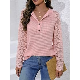 Women's Elegant Lace Tops Eyelet Blouse Solid Color Lace Long Sleeve Regular Tops V Neck Daily Romantic Petite Tops Summer Holiday Wear Black Pink Beige Spring