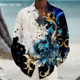 Hombre Camisa de playa Abotonar la camisa Manga Larga Hawaiano Casual Vacaciones Diario Otoño Invierno Primavera verano Camisas con cuello Impresión 3D Negro A