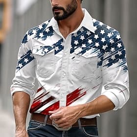 Voor heren Amerikaanse Amerikaanse vlag Cowboy Westers overhemd Overhemd met knopen Cowboyshirt Lange mouw Casual Formeel Dagelijks Feestdagen Herfst Winter Le