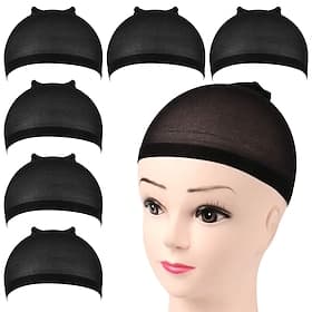 Lot de 6 bonnets de perruque noirs pour perruques, bonnets de perruque en nylon extensible pour femmes, filles, enfants, bonnets de perruque