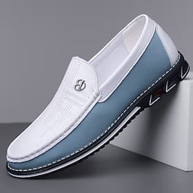 Mocasines de piel sintética de dos tonos para hombre: elegantes zapatos casuales sin cordones con suela cómoda para uso diario