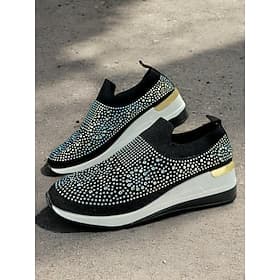 Zapatillas negras sin cordones con adornos de diamantes de imitación para mujer: calzado deportivo ligero, brillante y moderno para uso informal