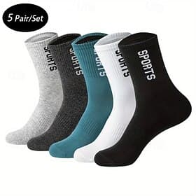 Men's 5 Pairs Multi Packs Socks Running Socks Casual Socks Black White Color Letter Sports Outdoor Daily Vacation Basic Medium Spring Fall Fashion Casual