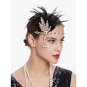 Vintage Flapper Costume Accessory Set – 1920s Gatsby Headband, Long Gloves, Earrings, Pearl Necklace, and Cigarette Holder for Themed Parties Cosplay