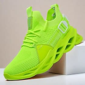 Men's Neon Green Flyknit Athletic Sneakers - Lightweight Breathable Running Shoes with Unique Sole Design