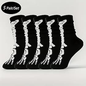 Men's 5 Pairs Multi Packs Socks Crew Socks Casual Socks Black Color Halloween Skulls Sports Outdoor Daily Vacation Basic Medium Fall Winter Fashion Casual