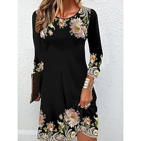 Frauen Mini Kleid Rundhalsausschnitt Lange Ärmel Petite Kleid T-Shirt Kleid Tee Kleid Frühling Kleid Elegant Elegant Straße Lässige Reguläre Passform Floral Sc