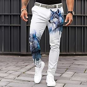 Herren Wolf Anzughose Mittlere Taille Lässig Formell Alltagskleidung Reißverschluss Tasche Sommer Frühling Herbst 3D-Druck Blau Schwarz Gelb