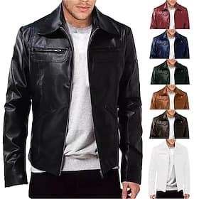 Herren Kunstlederjacke Bikerjacke Rote Lederjacke Motorradjacke Täglich Urlaub Winddicht Warm Tasche Herbst Winter Einfach Mode Klassisch Revers Regulär Kunstl