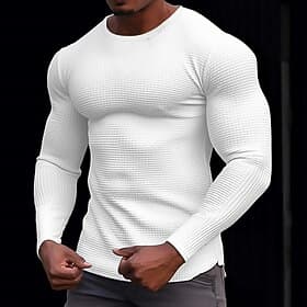 Men's Waffle Shirt T Shirt Tee Top Long Sleeve Shirt Long Sleeve Crew Neck Spring Fall Plain Fashion Designer Basic Knitted Vacation Street Going out Black N