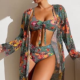 Damen Badeanzug Bikini Bademode Urlaub Blumen Langarm Badeanzüge