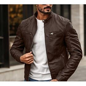 Men's Faux Leather Jacket Biker Jacket Motorcycle Jacket Daily Thermal Warm Rain Waterproof Zipper Fall Winter Solid Colored Punk Vintage Stand Collar Regular