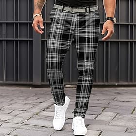 Hombre Plaid pantalones de traje Media cintura Informal de negocios Formal Uso Diario Cremallera Bolsillo Verano Primavera Otoño Impresión 3D Negro Gris