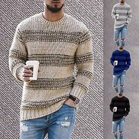 Men's Pullover Sweater Jumper Knit Sweater Ribbed Crochet Knit Regular Knitted Stripes Crew Neck Fashion Basic Daily Wear Date Clothing Apparel Fall Winter Bl