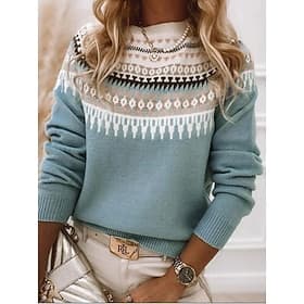 Women's Sweater Pullover Sweater Jumper Casual Soft Geometric Color Block Ribbed Crew Neck Knitted Long Sleeve Regular Tops Knit Outdoor Daily Weekend Pink Blu