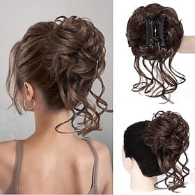 Chignon décoiffé, postiche à pince, cheveux bouclés et ondulés, faux cheveux, chignon ébouriffé, extensions de cheveux, chouchou, longue barbe, chignon, postic