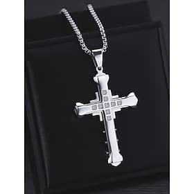 Men's Silver Cross Necklace with Gemstone Accents - Stylish Religious Pendant on Durable Chain for Casual and Formal Wear