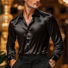 Men's Shirt Satin Shirt Casual Shirt Button Up Shirt Plain Wedding Vacation Light Blue Black White Wine Long Sleeve Lapel Spring Fall Clothing Apparel