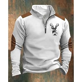 Herren Sweatshirt Viertelreißverschluss Sweatshirt Blau Braun Khaki Hellgrau Dunkelgray Halber Reißverschluss Rentier Druck Weihnachten Täglich Ferien Polyeste