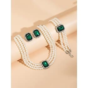 elegante collana girocollo di perle da donna con pietra preziosa verde e bracciale e orecchini abbinati – gioielli per occasioni formali
