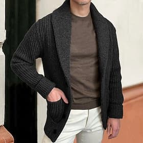 Men's Cardigan Sweater Cropped Sweater Ribbed Knit Regular Pocket Plain Shawl Collar Fashion Classic Vacation Daily Wear Clothing Apparel Fall Winter Black k