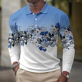Men's Floral Print Waffle Polo Shirts Long Sleeve Polo Shirts Collared Shirts Casual Outdoor Streetwear Party Evening Wear Buttons Pink